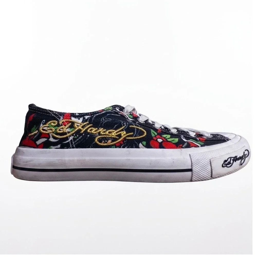 Y2K Ed Hardy Mens Tattoo Flash Graphic Print Canvas Low-Top Sneakers Black Sz 9
